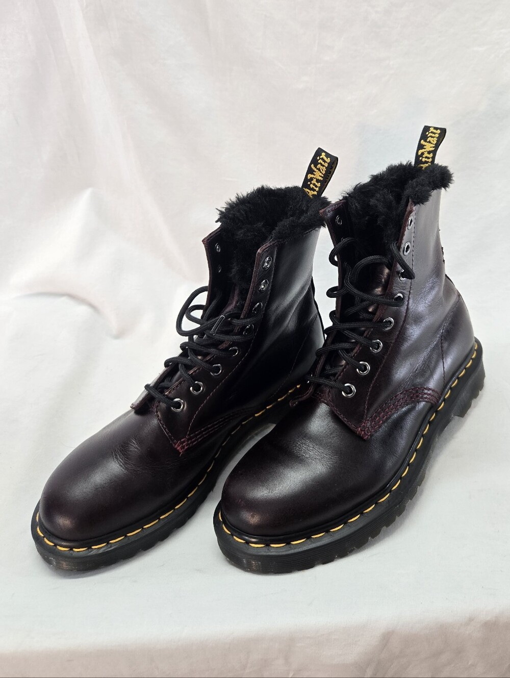 Dr. Martens Black/Burgundy Leather Combat Boots with Shearling Collar